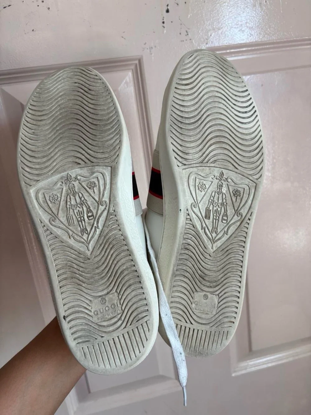Gucci White Leather Sneakers with Red and Black Web Strap